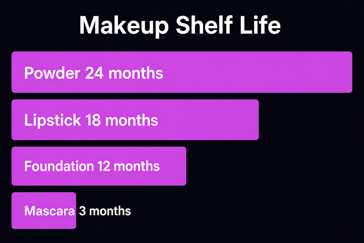 Bar chart of makeup shelf life after opening: powder 24 months, lipstick 18 months, foundation 12 months, mascara 3 months